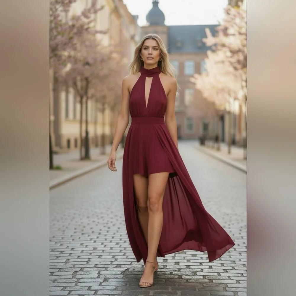 Showpo Elegant Burgundy Halter Neck Maxi Romper With Long Overlay - Size 4